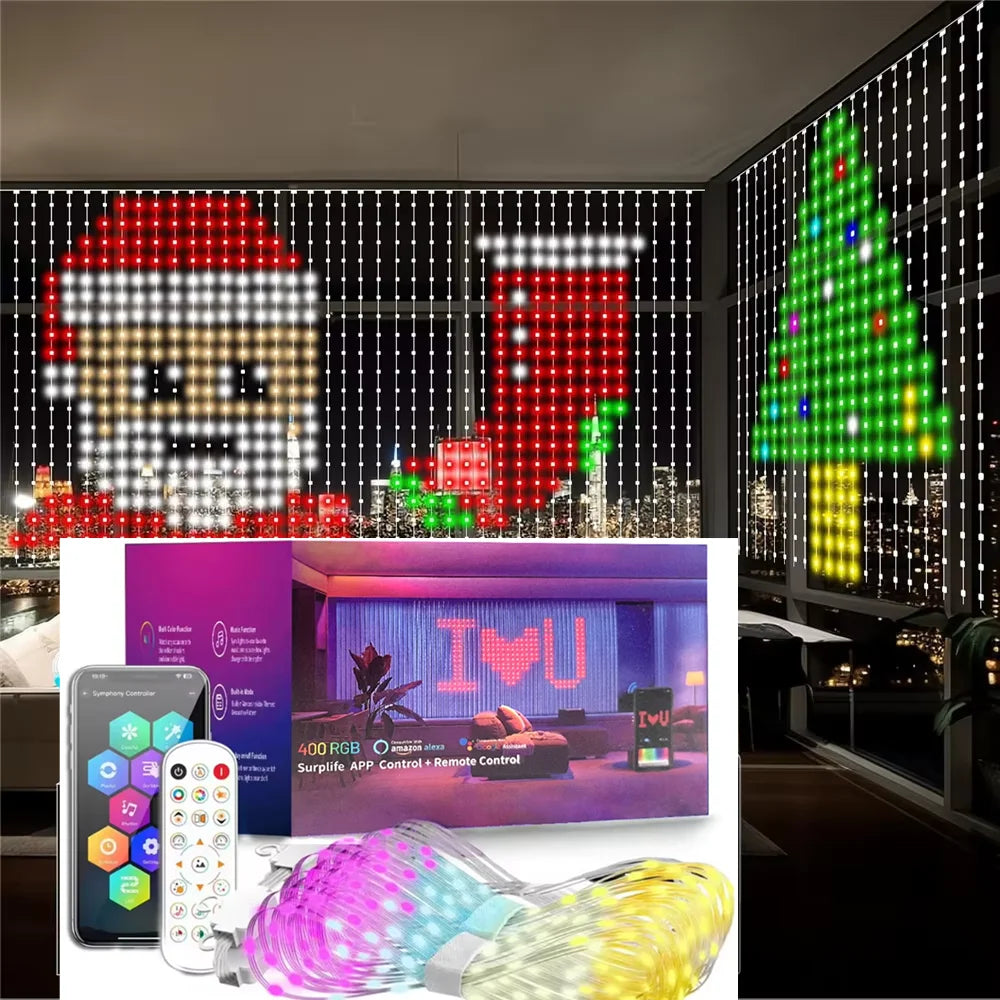 Smart LED curtain lights with animated Christmas display